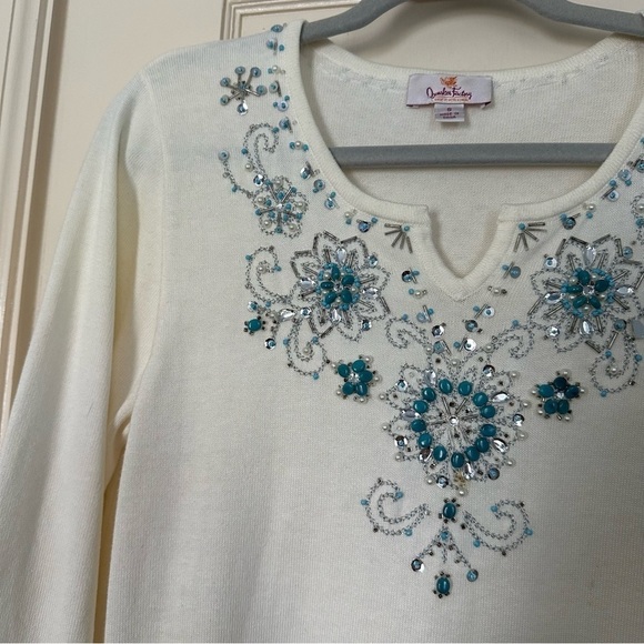 Quaker Factory Sweater Embellished w/ Beads & Sequins Cream & Turquoise Size S - Picture 6 of 14